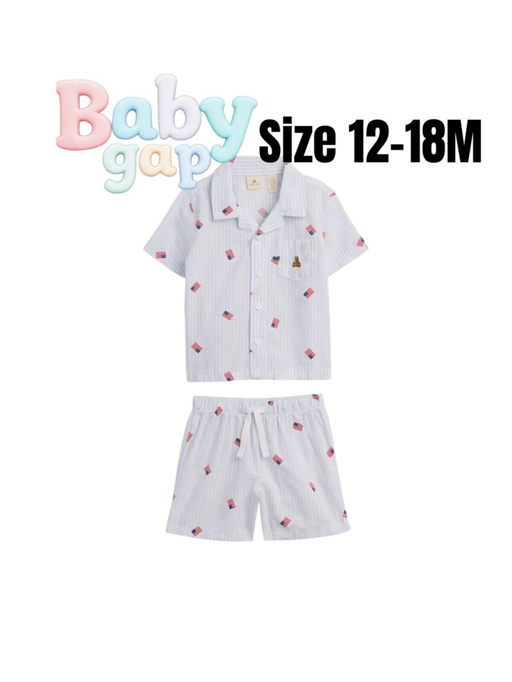 GAP Light Blue Striped Pajama Set with Red Flag Motif